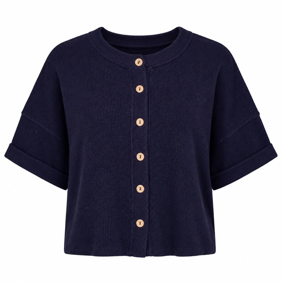 A navy blue ribbed knit short-sleeve cardigan with a crew neck and a vertical row of light tan buttons down the front, displayed on a clean white background.