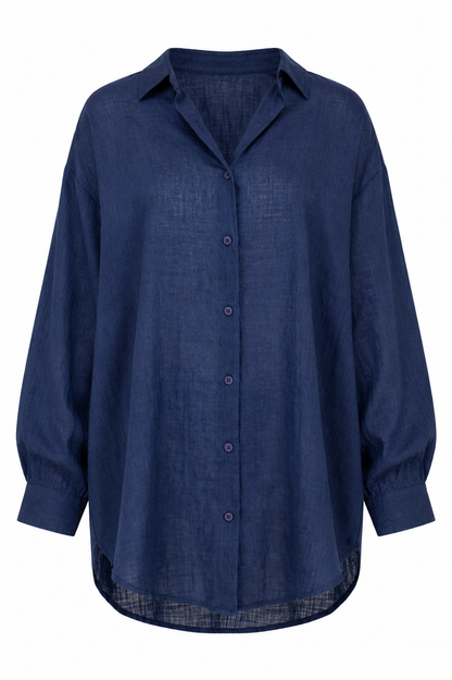 A dark blue long-sleeve button-up shirt with a relaxed, oversized fit, shown against a plain white background.
