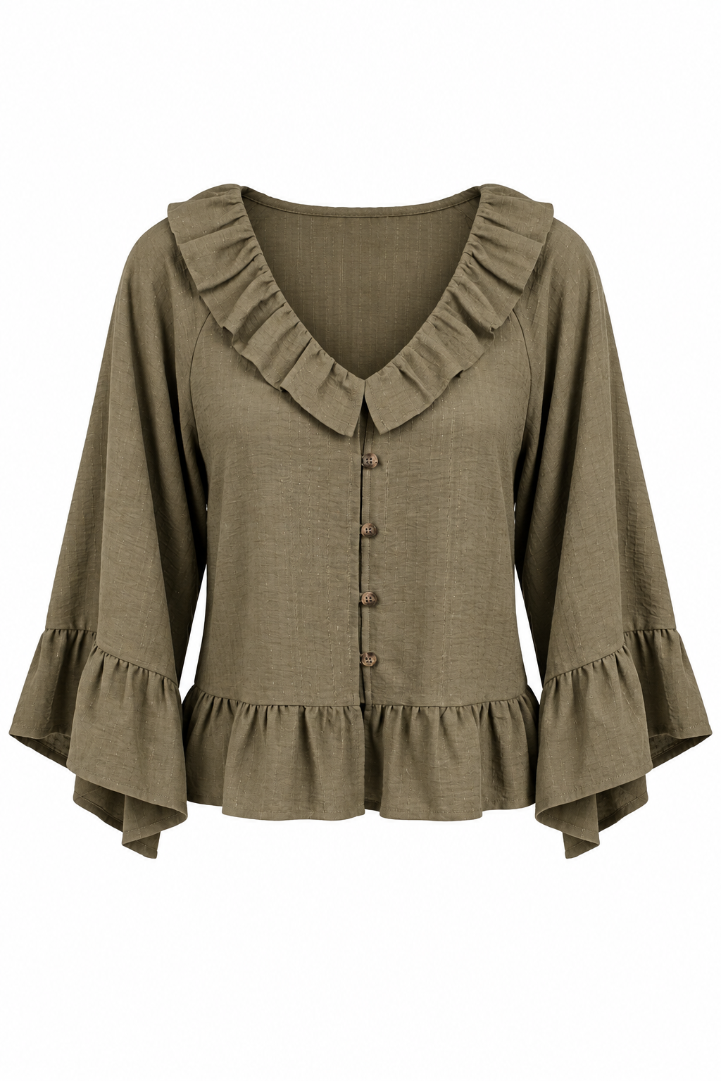 An olive green long-sleeve blouse with a ruffled collar, button-up front, and ruffled cuffs and hem, shown against a plain white background.