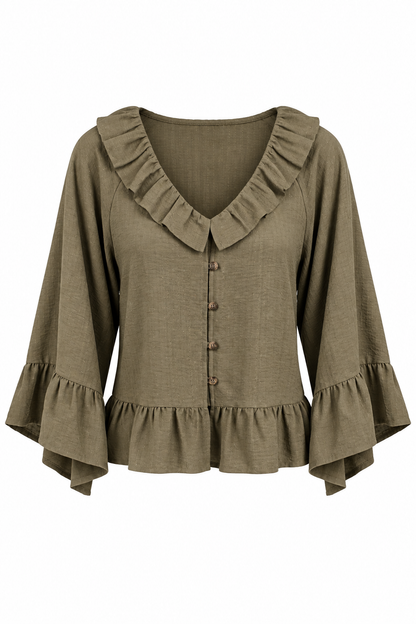 An olive green long-sleeve blouse with a ruffled collar, button-up front, and ruffled cuffs and hem, shown against a plain white background.