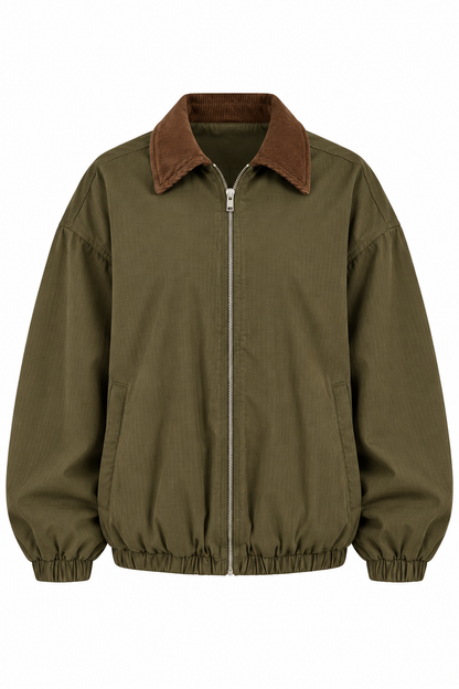 An olive green zip-up jacket with a brown corduroy collar, shown against a plain white background.