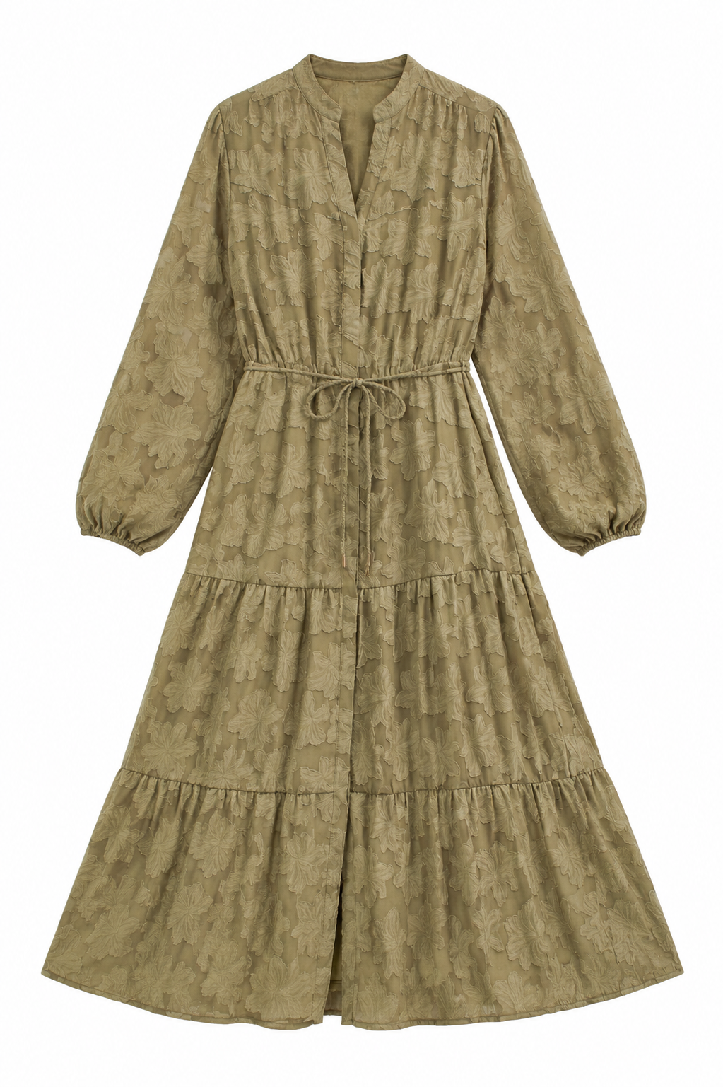 A long-sleeved midi dress in a textured olive green fabric with a tonal floral jacquard pattern, featuring a drawstring waist and tiered skirt, shown against a plain white background.