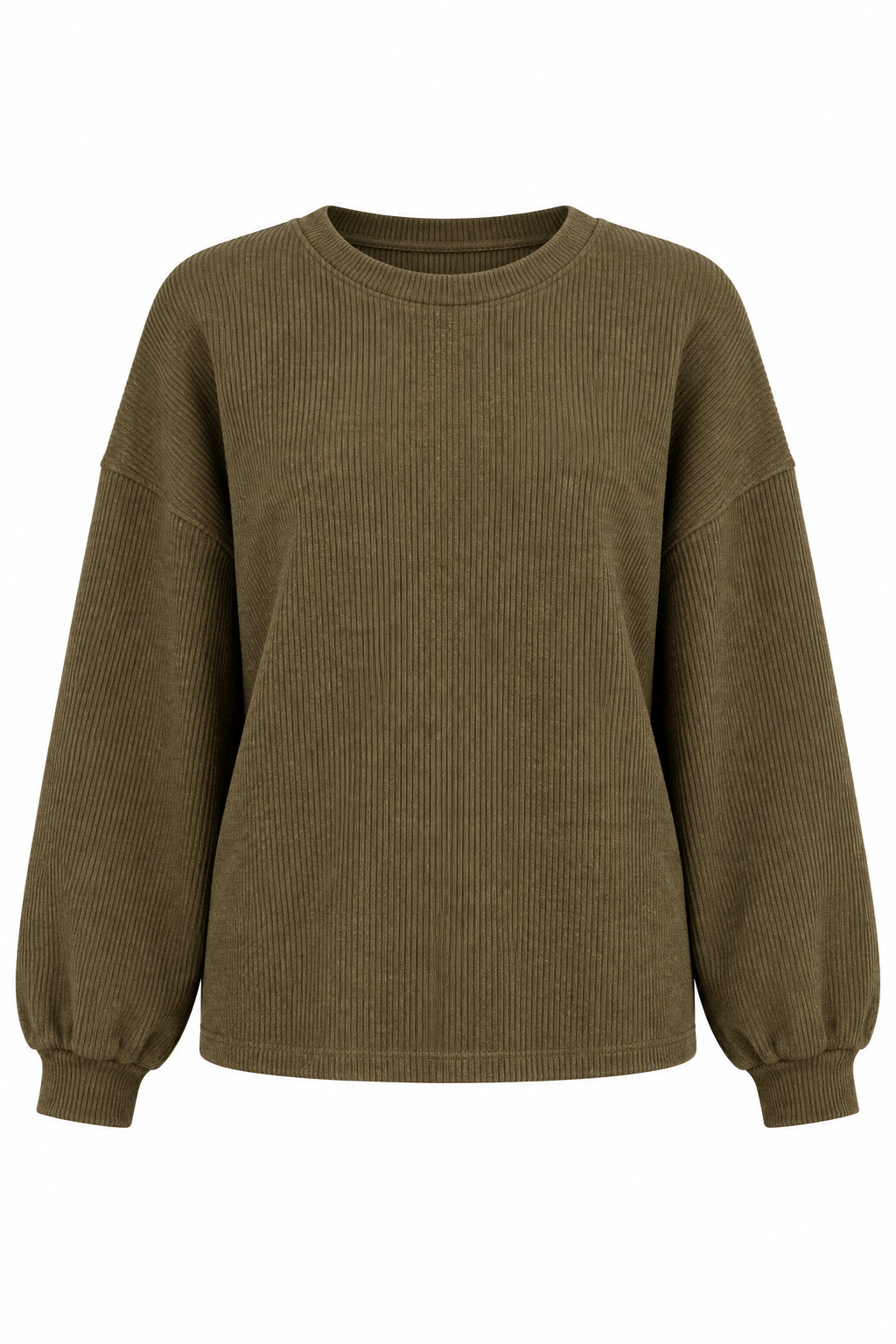 An olive green ribbed knit sweater with balloon sleeves, shown against a plain white background.