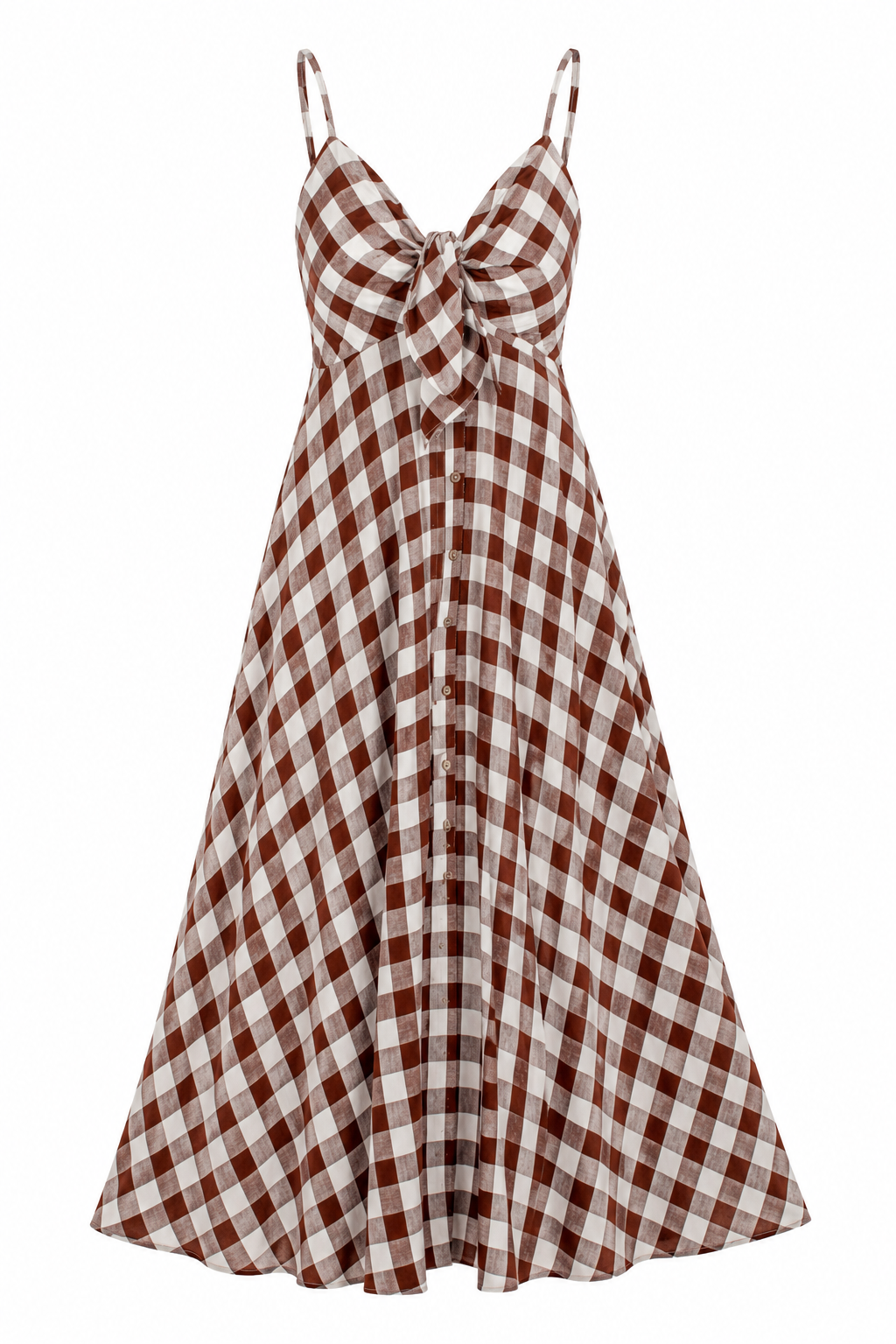A sleeveless A-line midi dress with a brown and beige gingham check pattern, featuring spaghetti straps, a sweetheart neckline, and a large bow detail at the center bust.