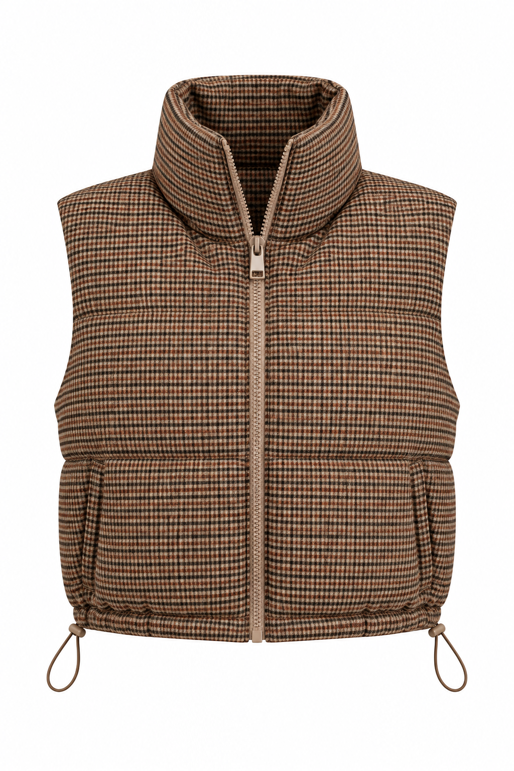 A brown and beige houndstooth patterned puffer vest with a high stand-up collar, front zipper, and drawstring ties at the hem, shown on a plain white background.
