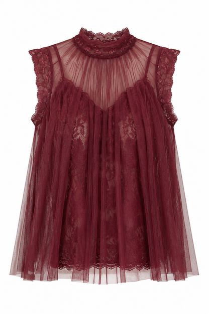 A sleeveless burgundy tulle and lace top with a high mock neck, displayed against a solid white background.
