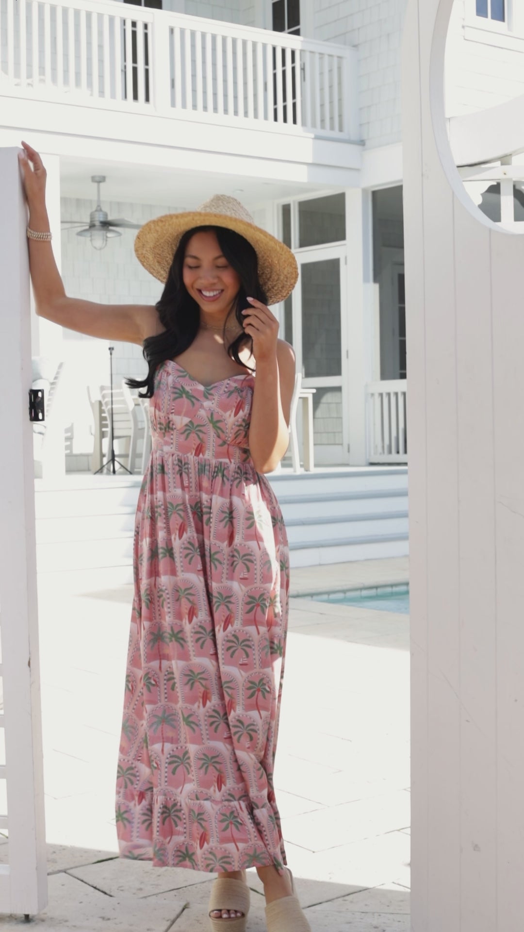 Sunset Palm Coral Print Midi Dress