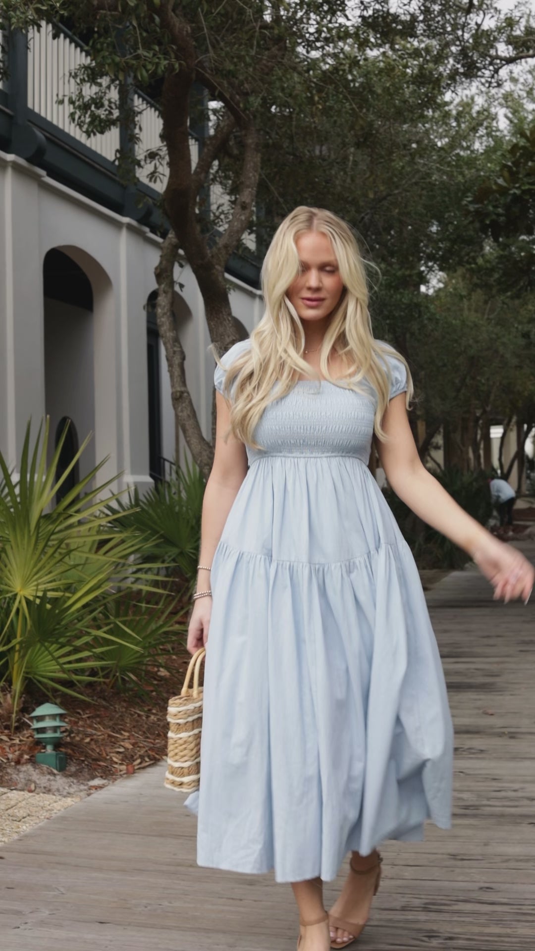 Coastal Muse Light Blue Smocked Midi Dress