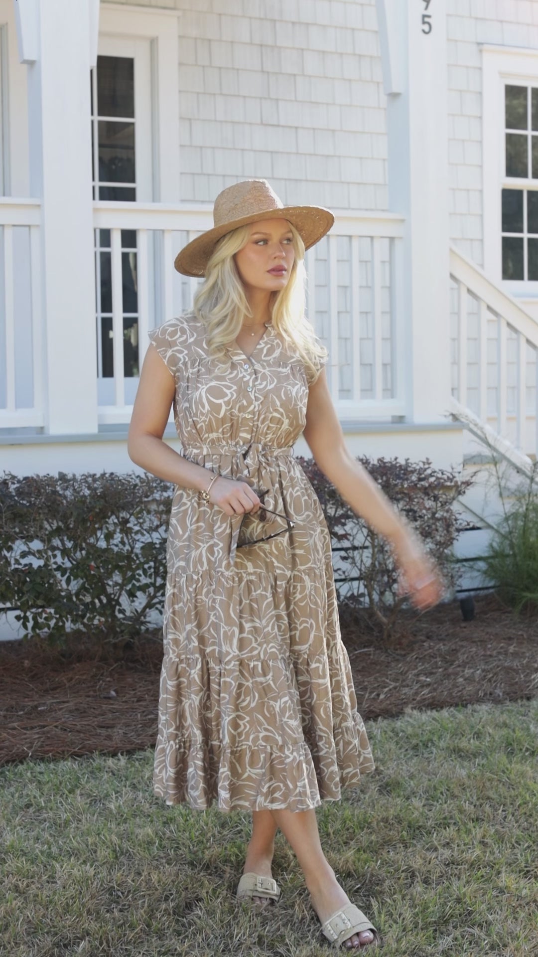 Living Easy Floral Taupe Midi Dress