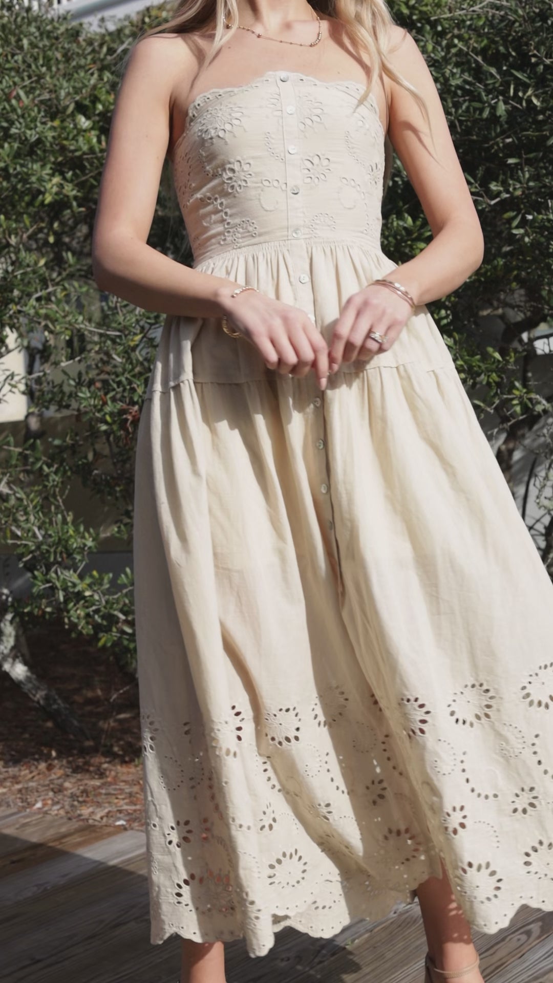 Sandy Secrets Eyelet Taupe Maxi Dress