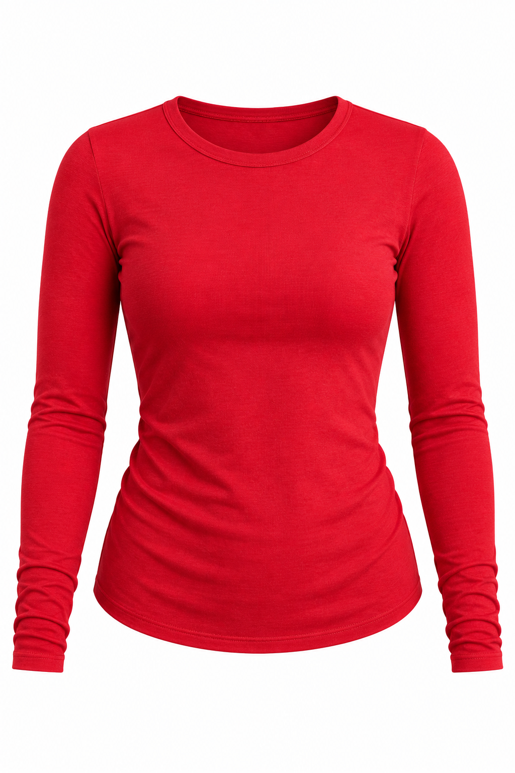 A bright red long-sleeve crewneck t-shirt shown on a white background.