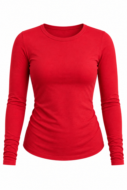 A bright red long-sleeve crewneck t-shirt shown on a white background.