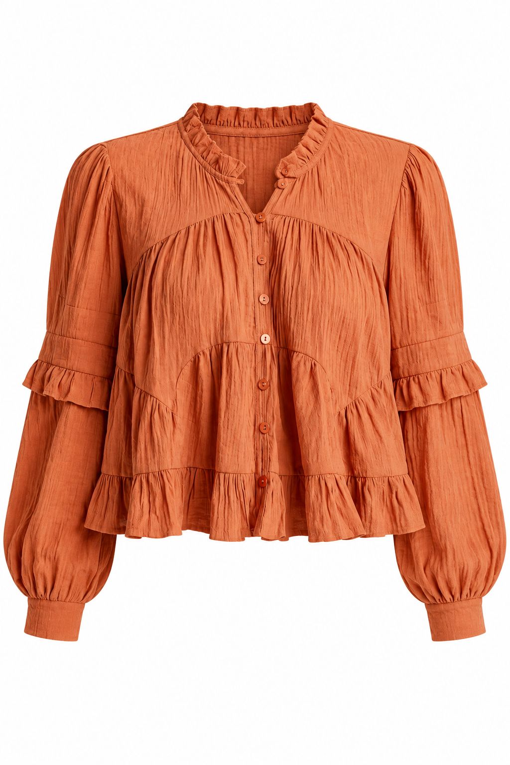 An orange crinkled cotton blouse with long balloon sleeves, ruffled trim, and a button-up front, shown on a plain white background.