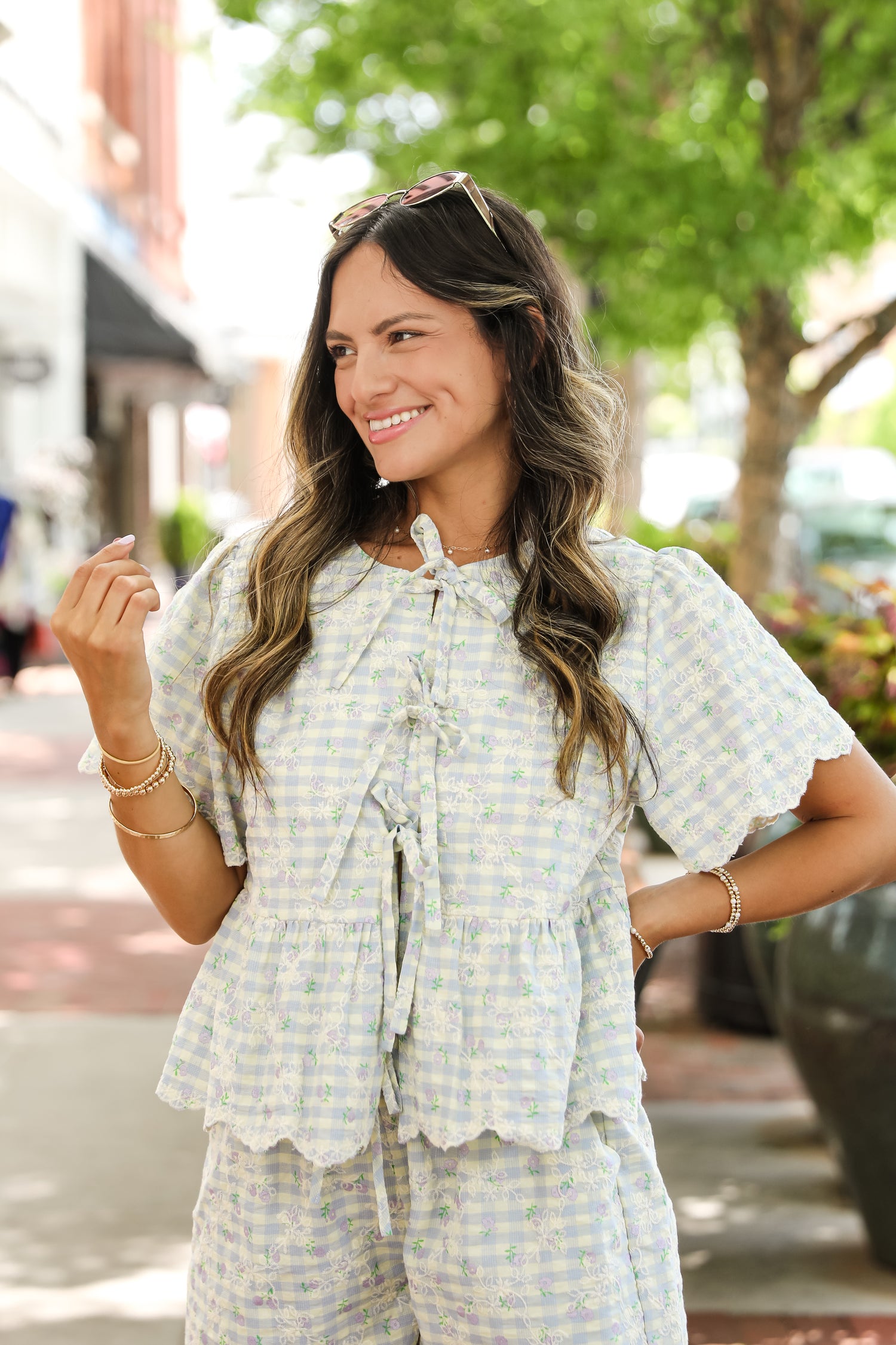 Blouse Outfit Ruffle Bow Blouse Light Blue Gingham Floral