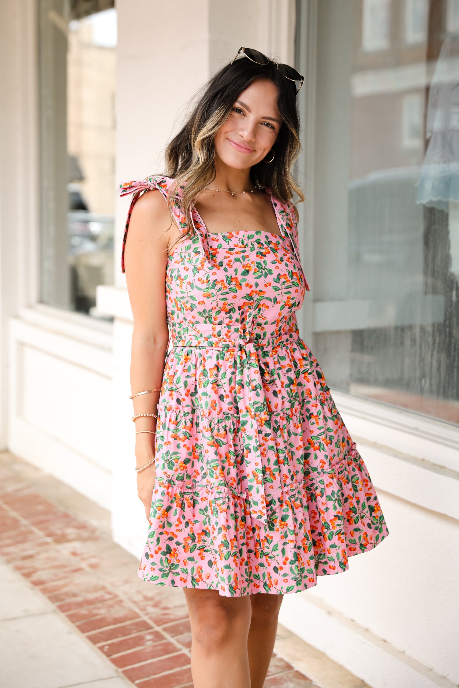 Cute Pink Cherry Print Tiered Mini Dress Sundresses