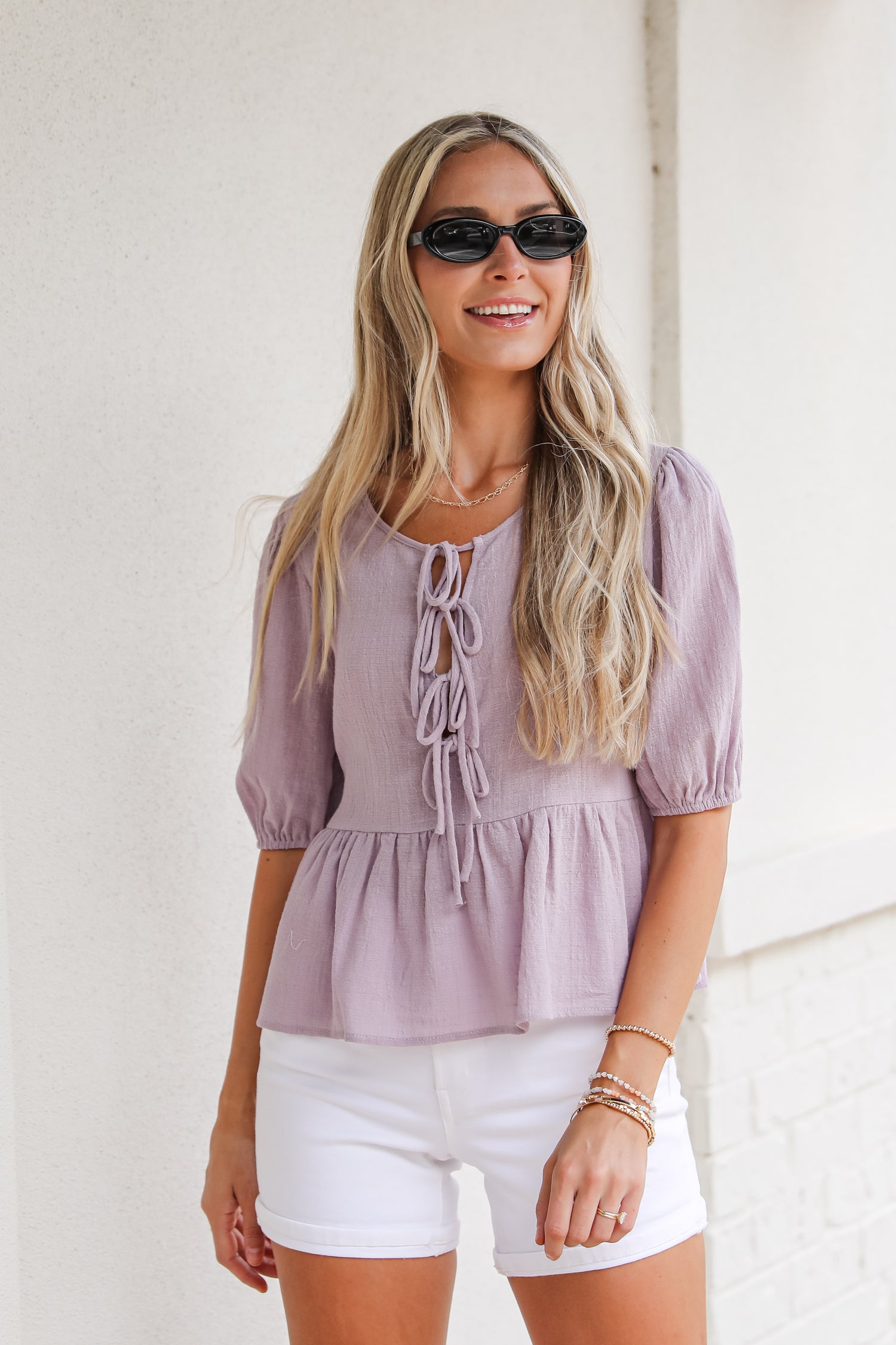 Living With Love Lavender Peplum Bow Blouse