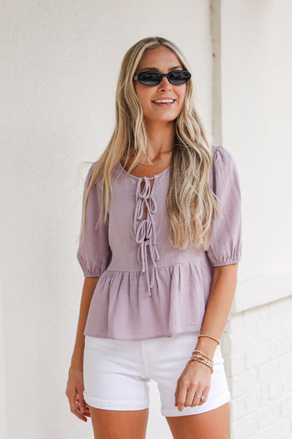 Living With Love Lavender Peplum Bow Blouse