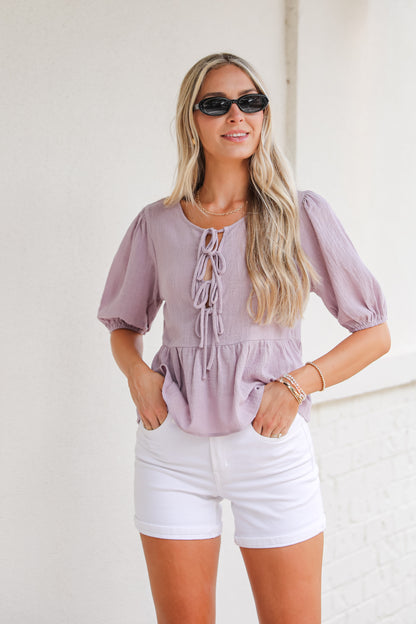 Living With Love Lavender Peplum Bow Blouse