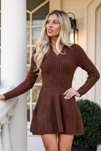 brown long sweater dress Cocoa Crush Chocolate | Women's Trendy Dresses Color:Burgundy Faux Leather L&D PATIENT GOWN front design and coordinated Long Sleeve Trim Detail