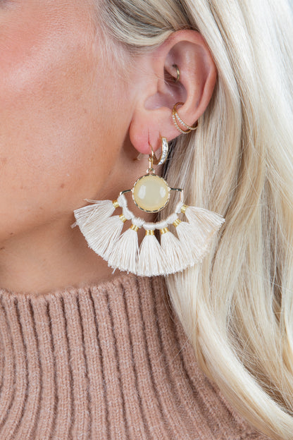 Close-up of a person wearing a gold earring with a central stone and tassel details, against a neutral background.