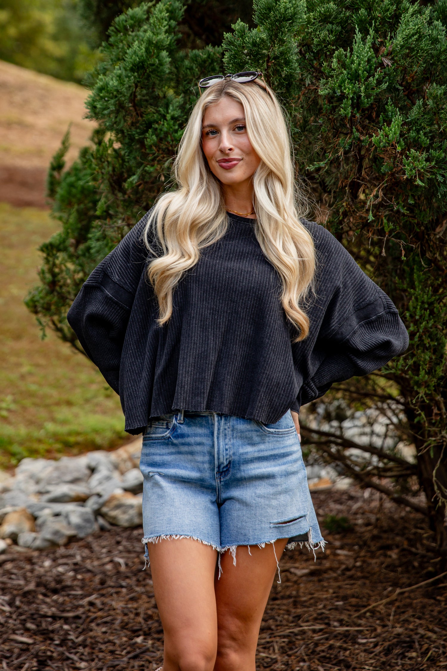 black waffle knit top