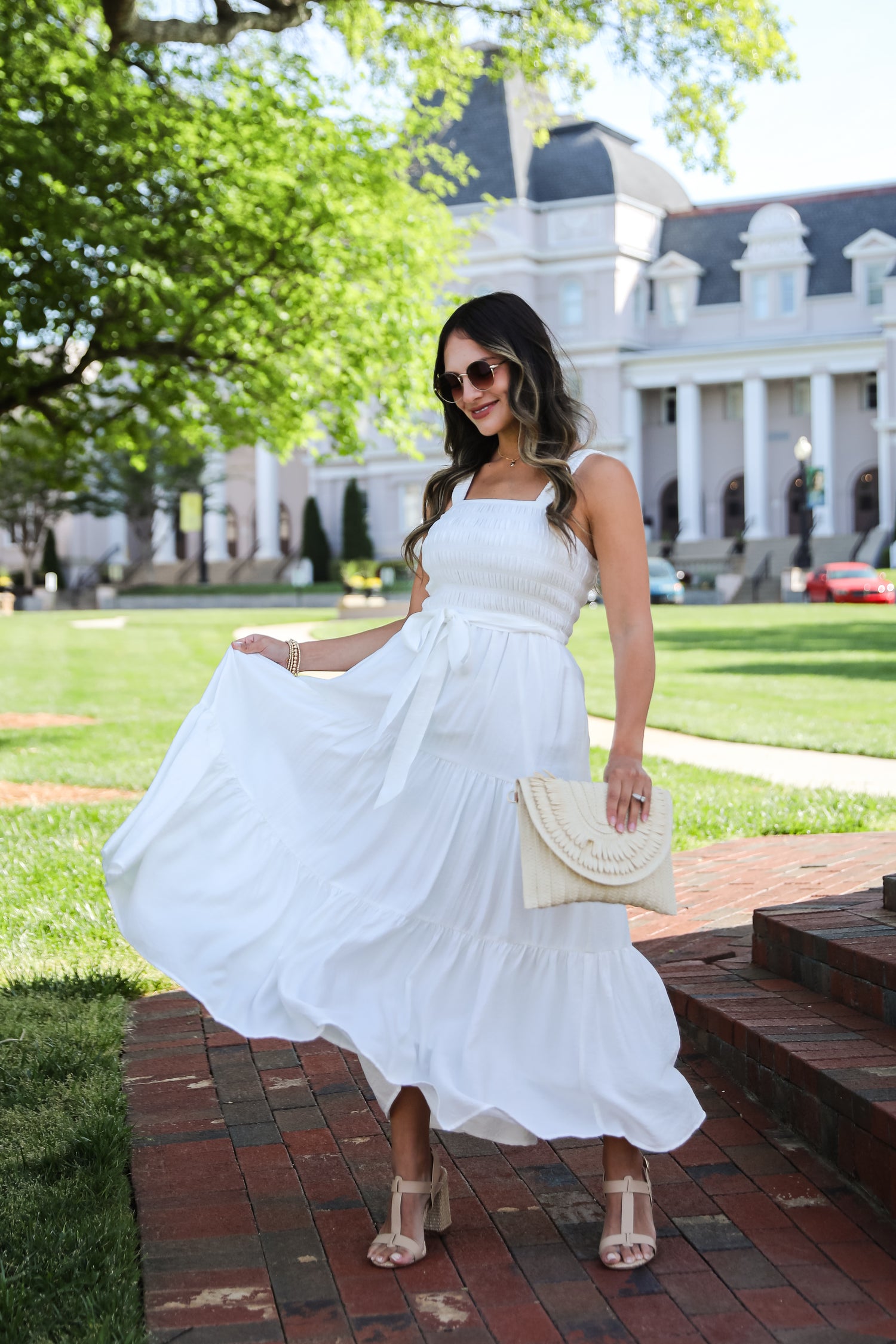 Cute White Smocked Tiered Maxi Dress White Dresses ShopDressUp