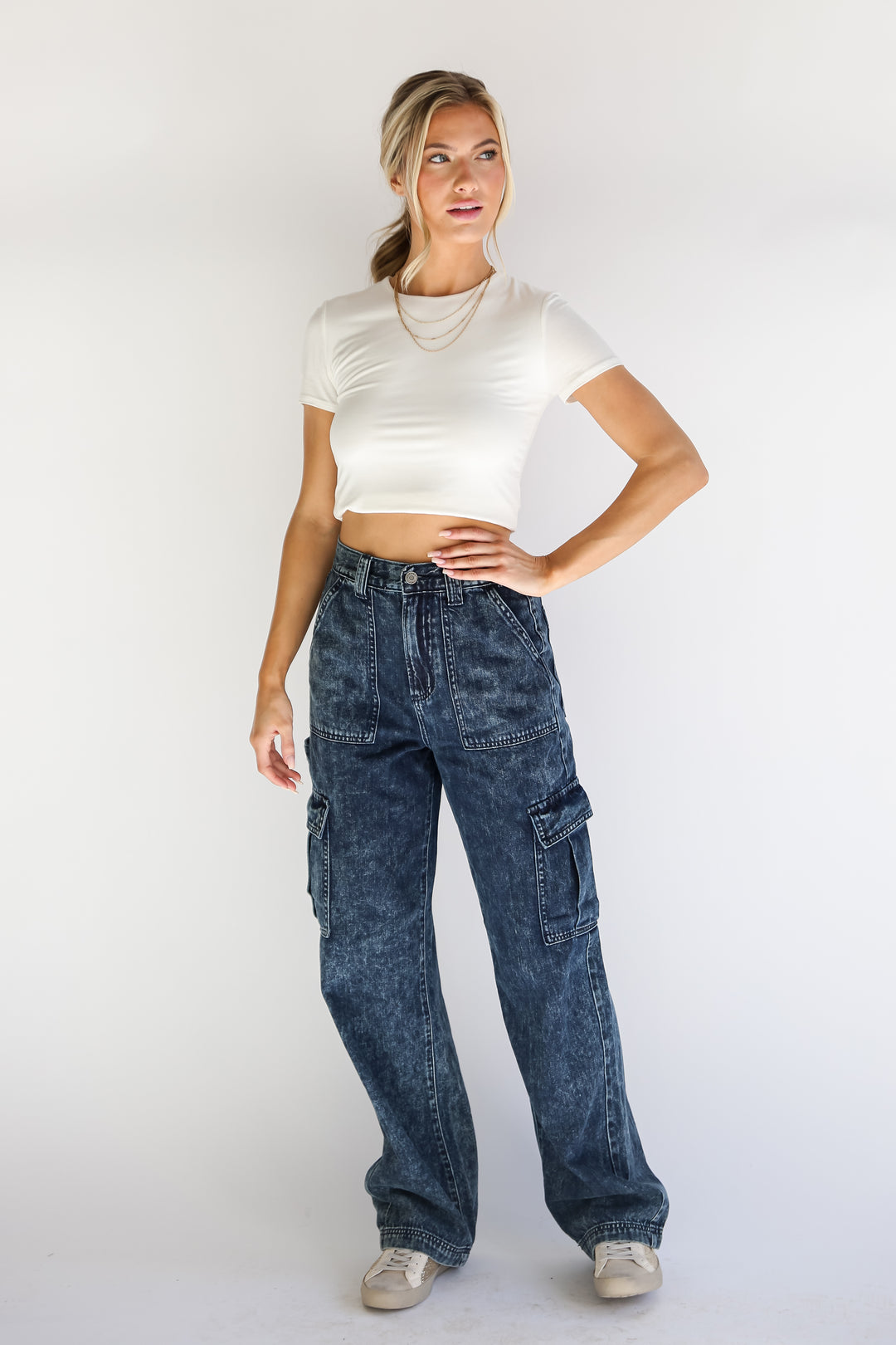 model wearing Acid Washed Dark Wash Cargo Jeans