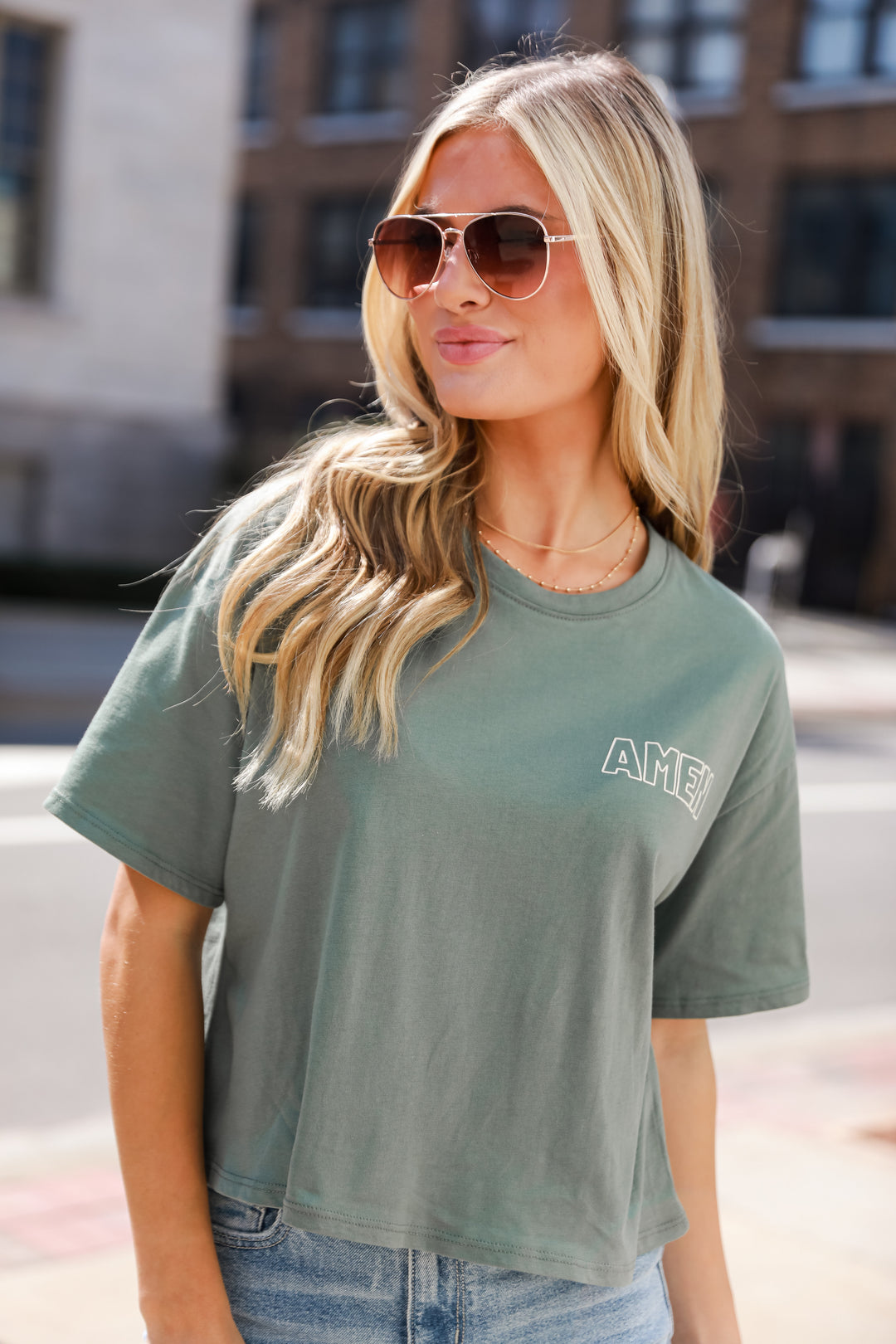 Olive Amen Cropped Graphic Tee