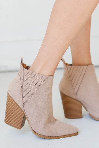 taupe suede Booties on dress up model