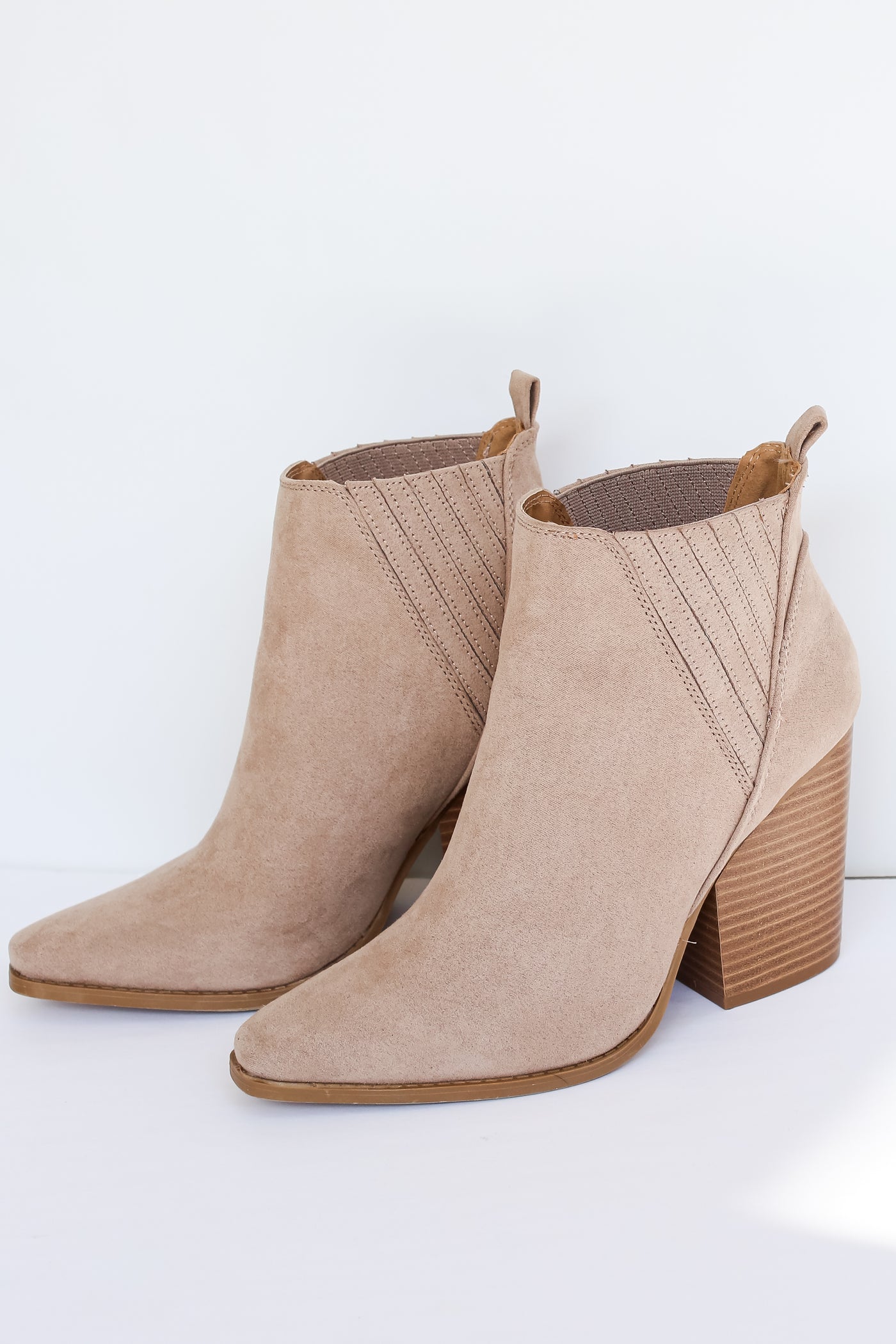 taupe suede Booties side view flat lay