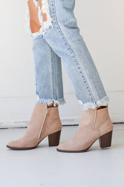 trendy Taupe suede Booties side view