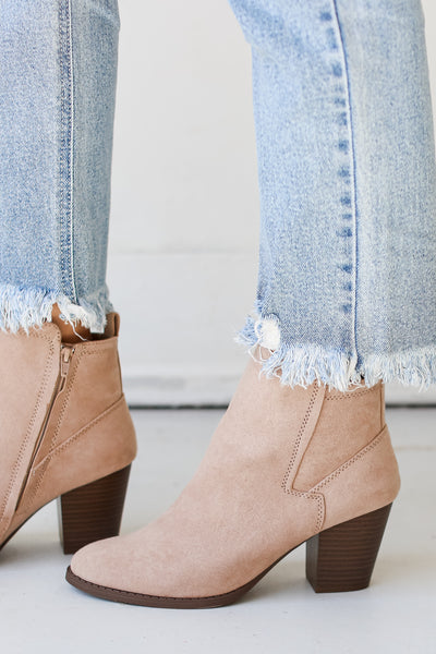 Taupe Booties for fall side view on model