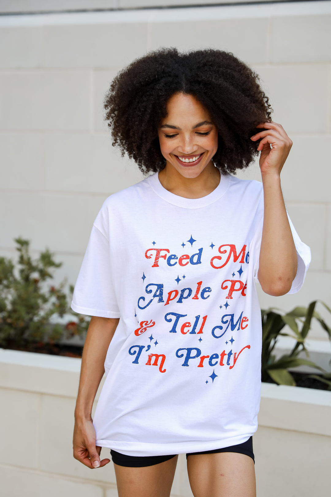 White Feed Me Apple Pie & Time Me I'm Pretty Graphic Tee for summer