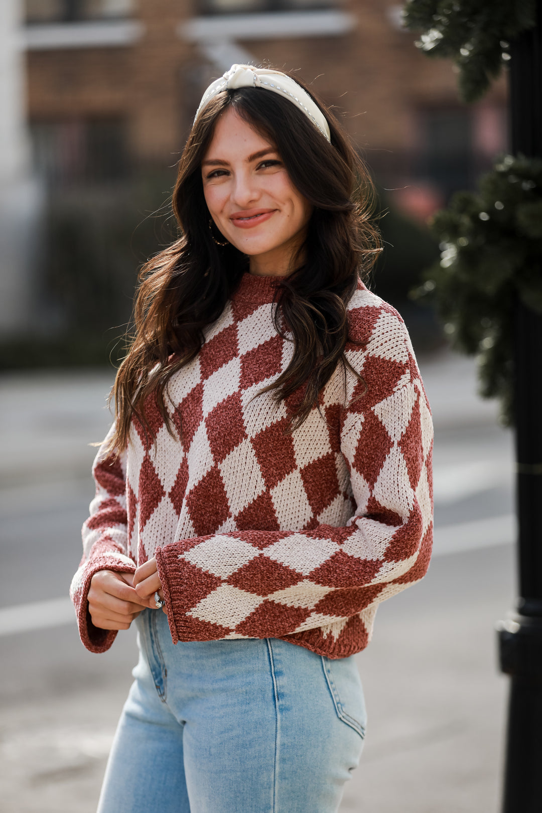 trendy Brown Argyle Chenille Sweater