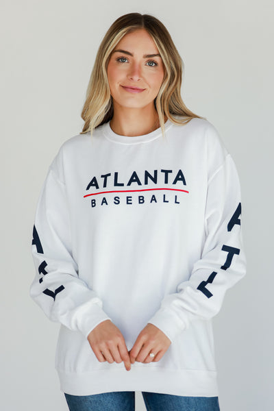 White Atlanta Baseball Sweatshirt on model