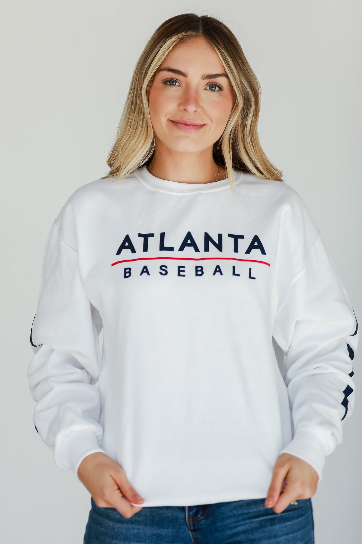White Atlanta Baseball Sweatshirt close up