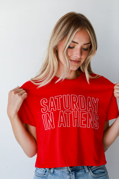Red Saturday In Athens Cropped Tee on model