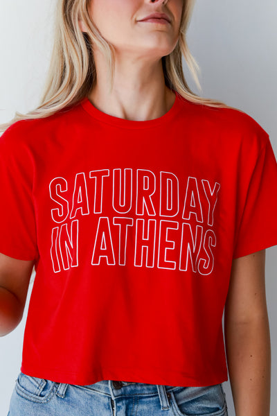 Red Saturday In Athens Cropped Tee on dress up model