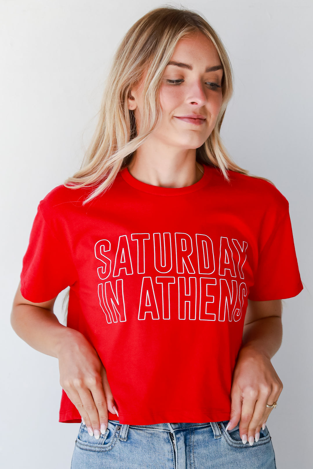 Red Saturday In Athens Cropped Tee front view