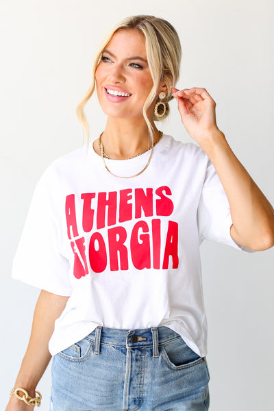 model wearing a White Athens Georgia Cropped Tee