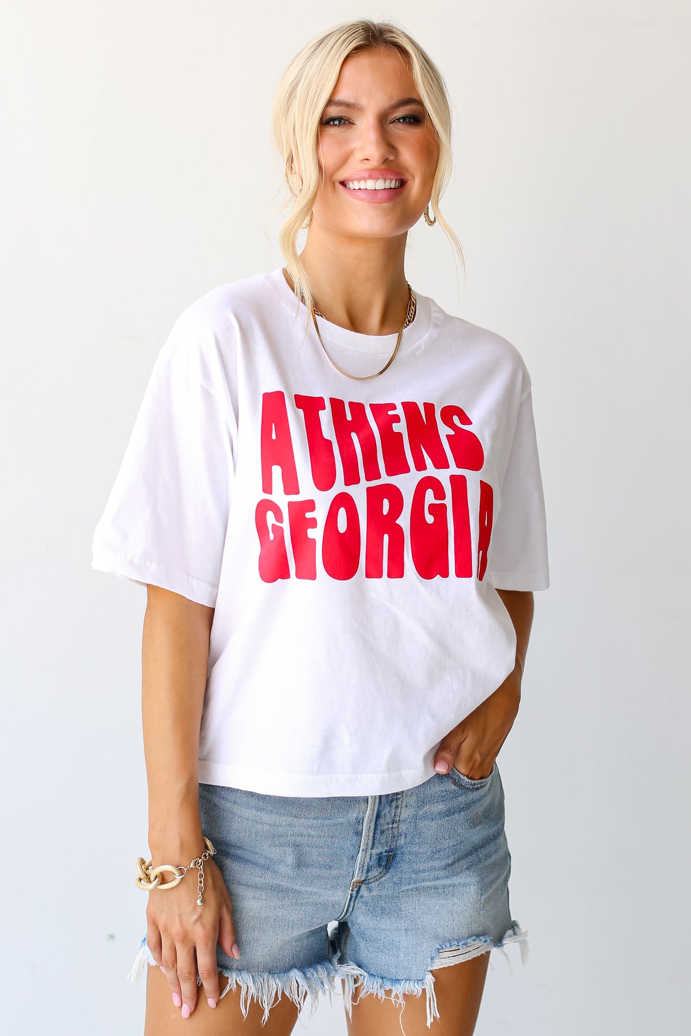 White Athens Georgia Cropped Tee on dress up model