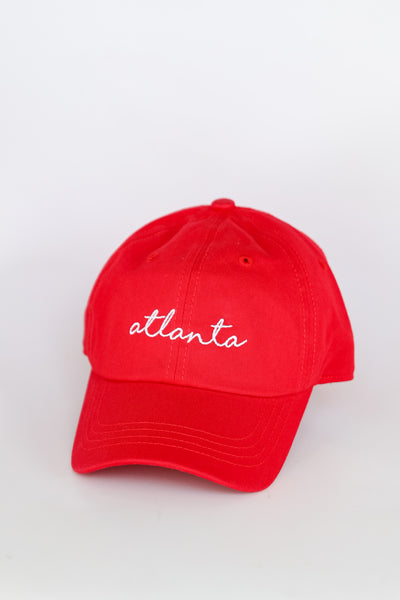 red Atlanta Script Embroidered Hat flat  lay
