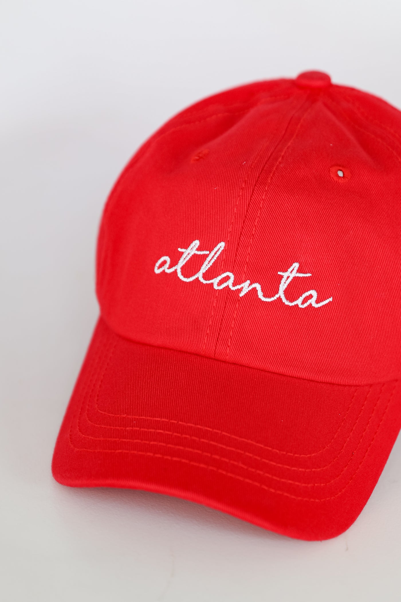 red Atlanta Script Embroidered Hat close up