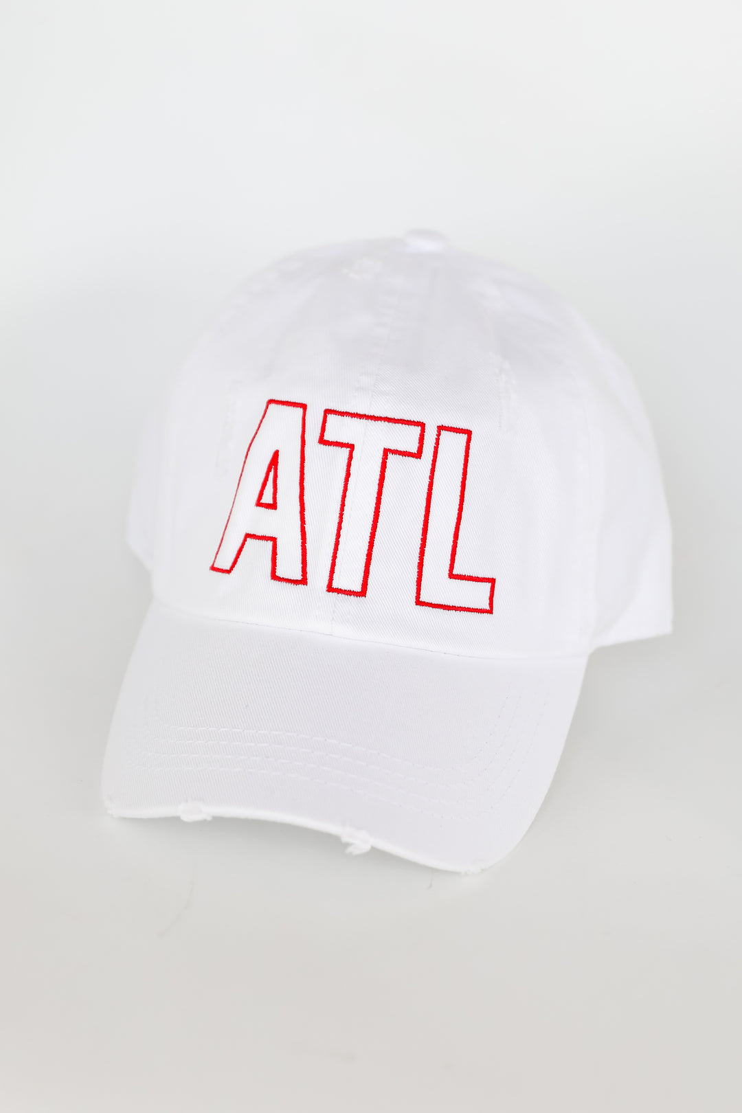 white ATL Distressed Embroidered Hat close up