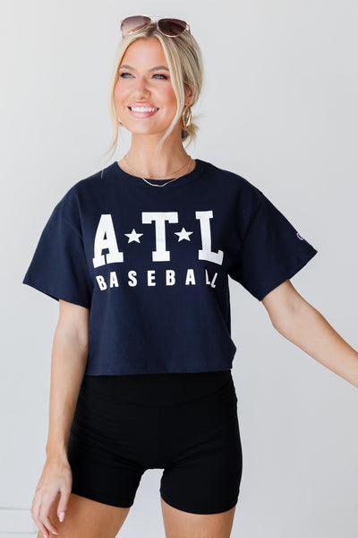 Navy ATL Baseball Star Cropped Tee on model