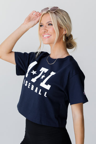 Navy ATL Baseball Star Cropped Tee side view