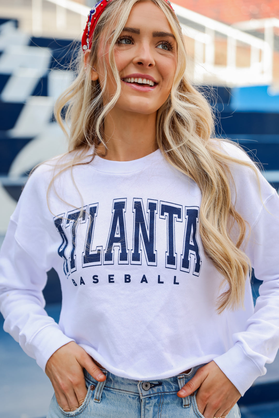 White Atlanta Baseball Cropped Sweatshirt