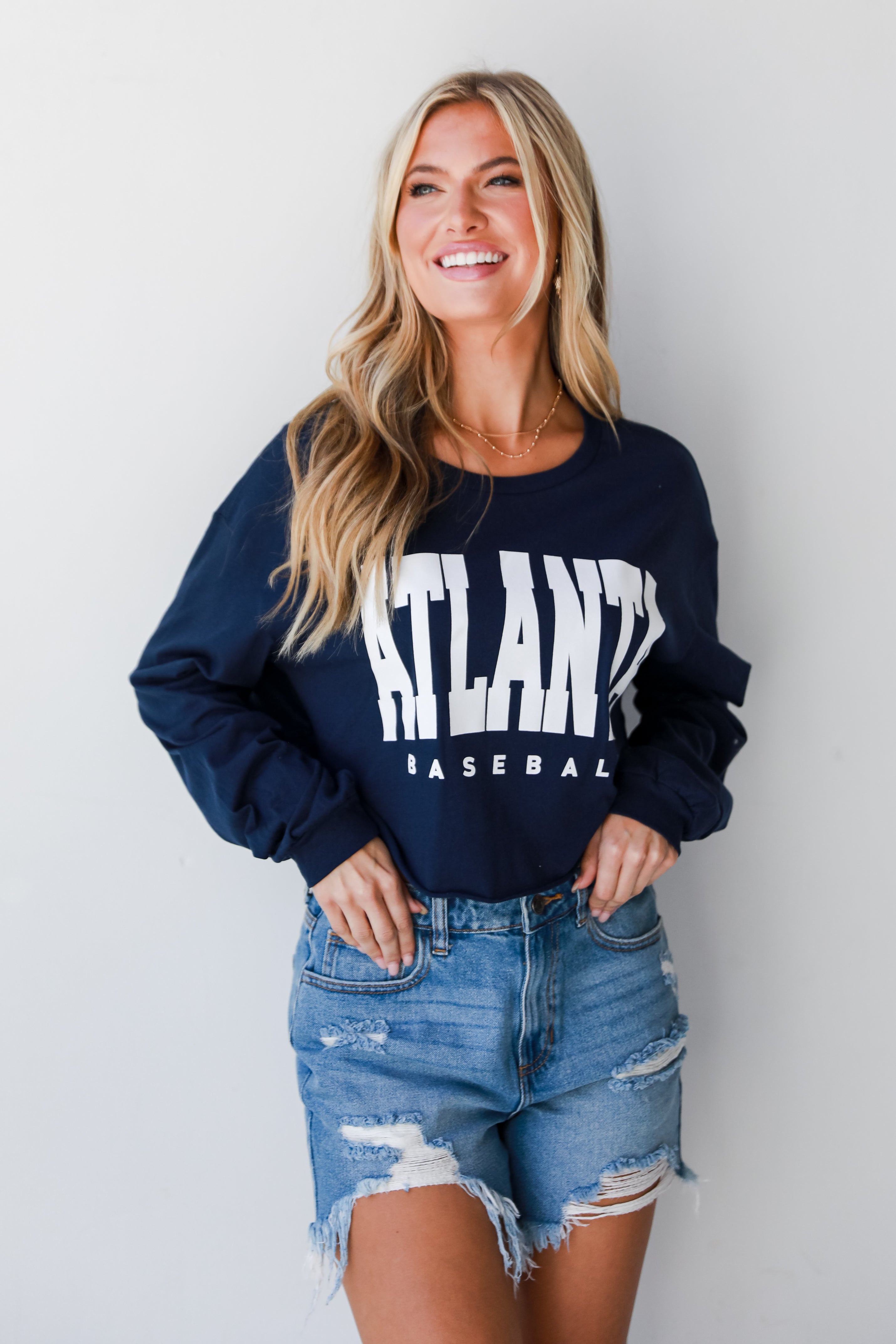 Navy Atlanta Baseball Cropped Long Sleeve Tee front view