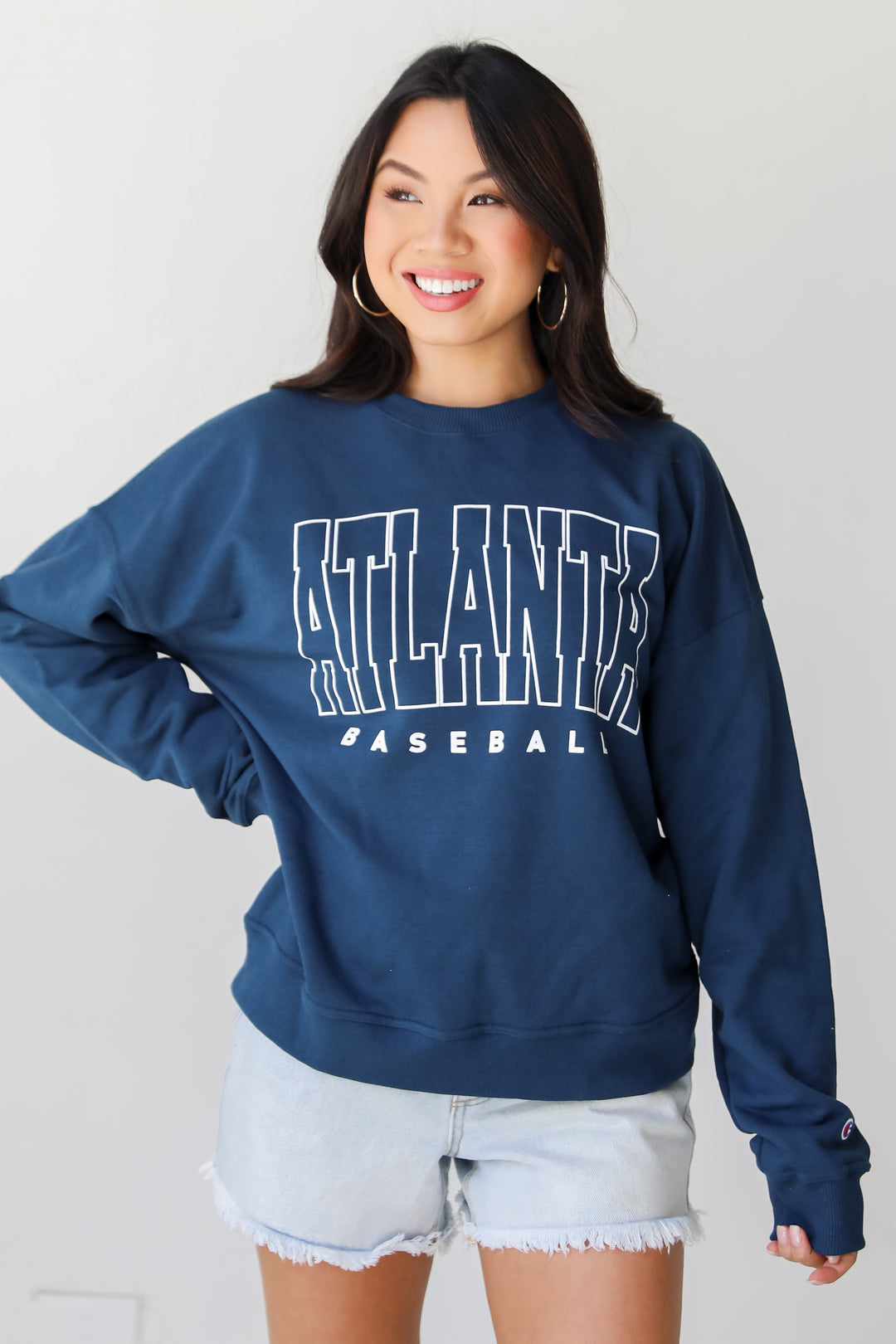 Navy Atlanta Baseball Block Letter Sweatshirt. Braves Sweatshirt. Braves Game Day Outfit Graphic.