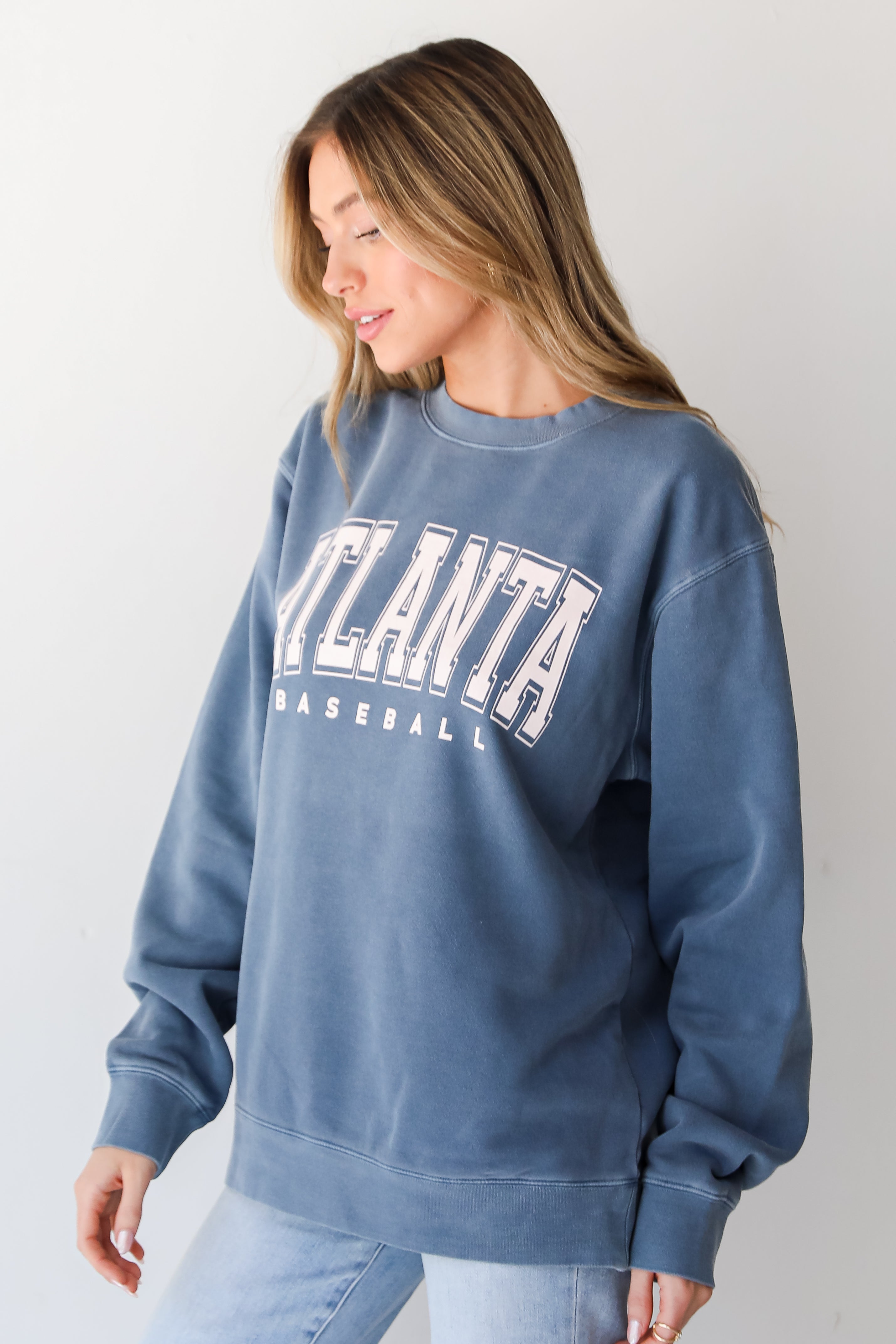 Denim Atlanta Baseball Block Letter Pullover side view